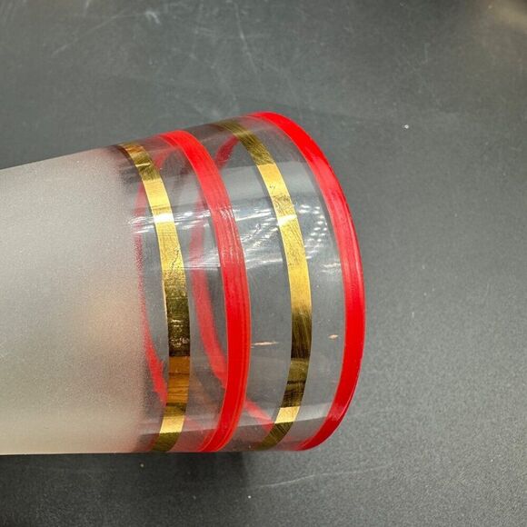 MCM Cordial Shot Glasses Frosted Footed Striped Red Gold Rimmed Set Vtg 1940s - Picture 7 of 12